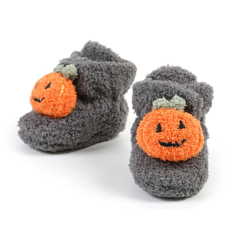 Cute Infant Halloween Pumpkin Booties Warm Fleece Slippers Soft Sole Newborn Crib Shoes Prewalkers for Baby Boy Girl