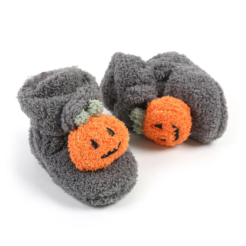 Cute Infant Halloween Pumpkin Booties Warm Fleece Slippers Soft Sole Newborn Crib Shoes Prewalkers for Baby Boy Girl