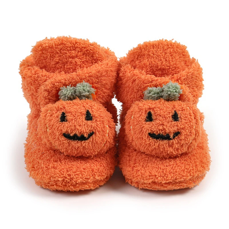 Cute Infant Halloween Pumpkin Booties Warm Fleece Slippers Soft Sole Newborn Crib Shoes Prewalkers for Baby Boy Girl
