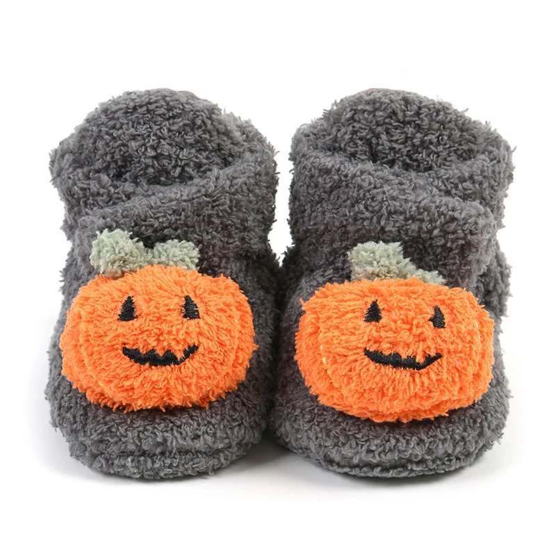 Cute Infant Halloween Pumpkin Booties Warm Fleece Slippers Soft Sole Newborn Crib Shoes Prewalkers for Baby Boy Girl