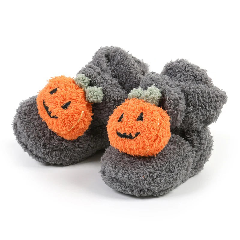 Cute Infant Halloween Pumpkin Booties Warm Fleece Slippers Soft Sole Newborn Crib Shoes Prewalkers for Baby Boy Girl