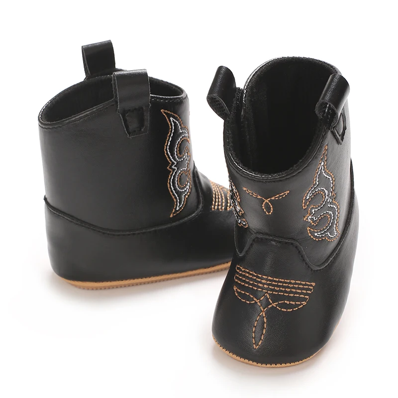 Infant Pre-Walker Shoes 0-18M Baby Cowboy Boots, Western Style Embroidered Mid-Calf Footwear for Boys Girls