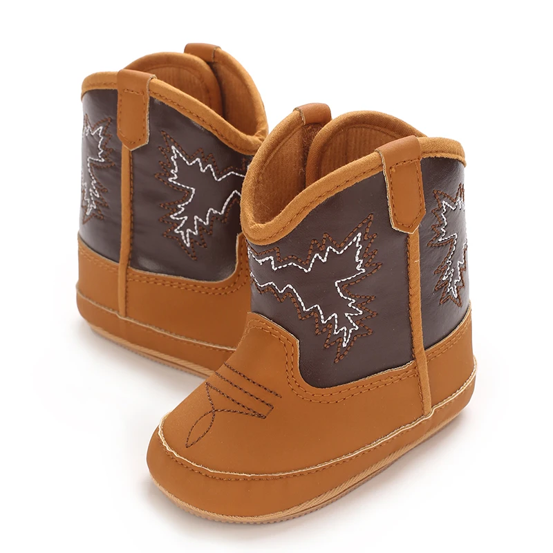 Infant Pre-Walker Shoes 0-18M Baby Cowboy Boots, Western Style Embroidered Mid-Calf Footwear for Boys Girls