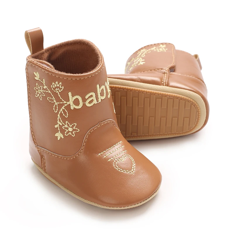 Infant Pre-Walker Shoes 0-18M Baby Cowboy Boots, Western Style Embroidered Mid-Calf Footwear for Boys Girls