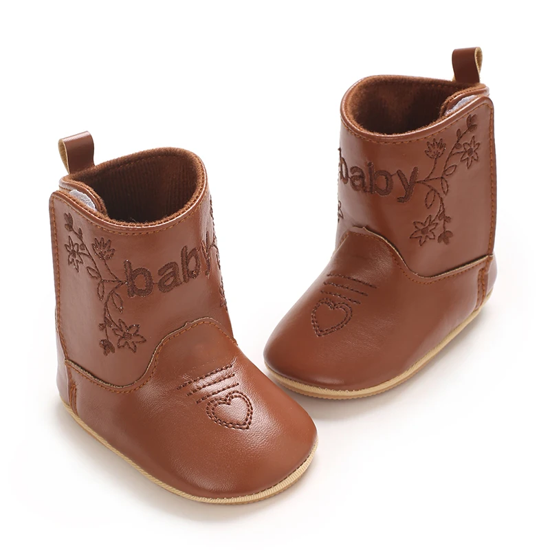 Infant Pre-Walker Shoes 0-18M Baby Cowboy Boots, Western Style Embroidered Mid-Calf Footwear for Boys Girls