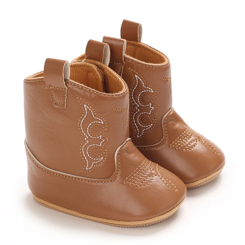 Infant Pre-Walker Shoes 0-18M Baby Cowboy Boots, Western Style Embroidered Mid-Calf Footwear for Boys Girls