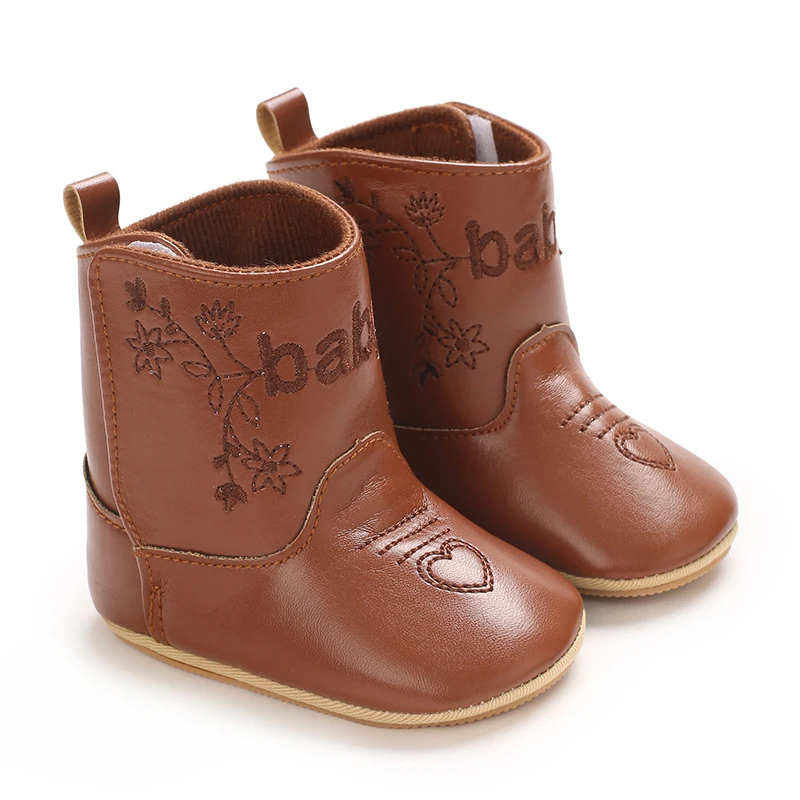Infant Pre-Walker Shoes 0-18M Baby Cowboy Boots, Western Style Embroidered Mid-Calf Footwear for Boys Girls