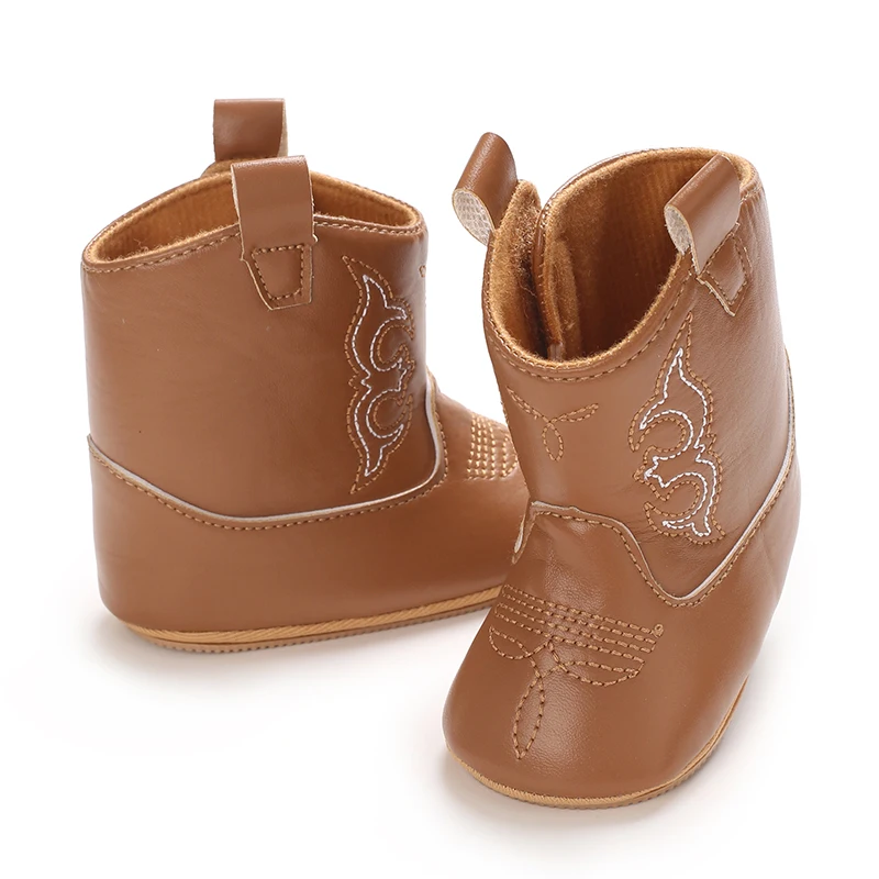 Infant Pre-Walker Shoes 0-18M Baby Cowboy Boots, Western Style Embroidered Mid-Calf Footwear for Boys Girls