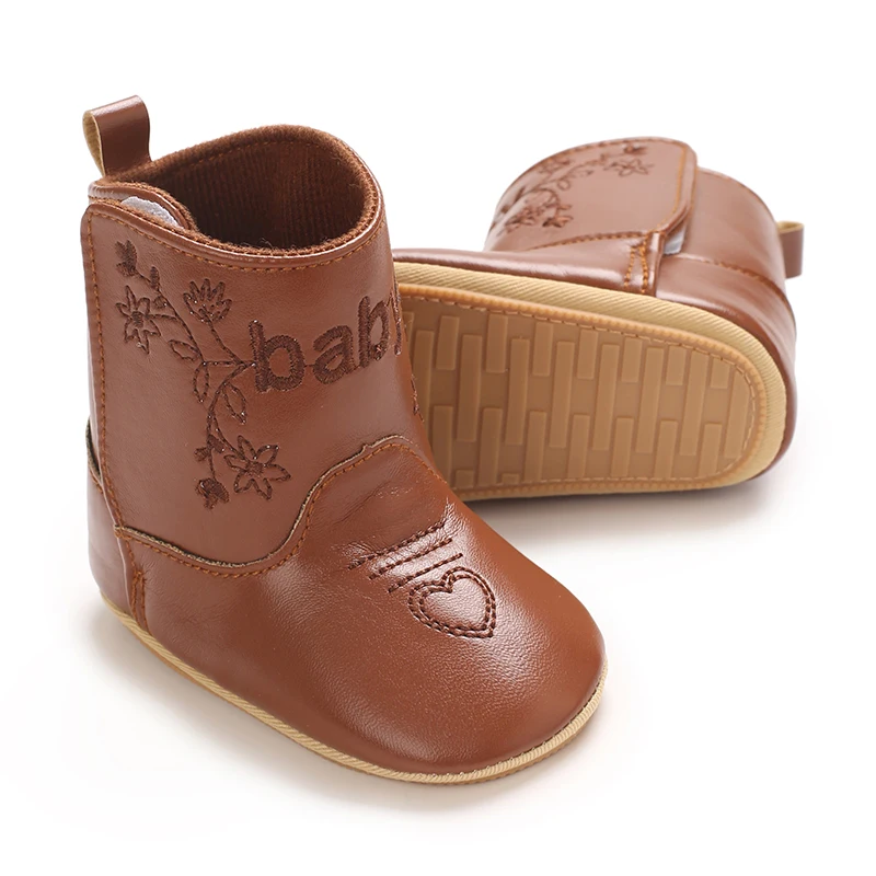 Infant Pre-Walker Shoes 0-18M Baby Cowboy Boots, Western Style Embroidered Mid-Calf Footwear for Boys Girls