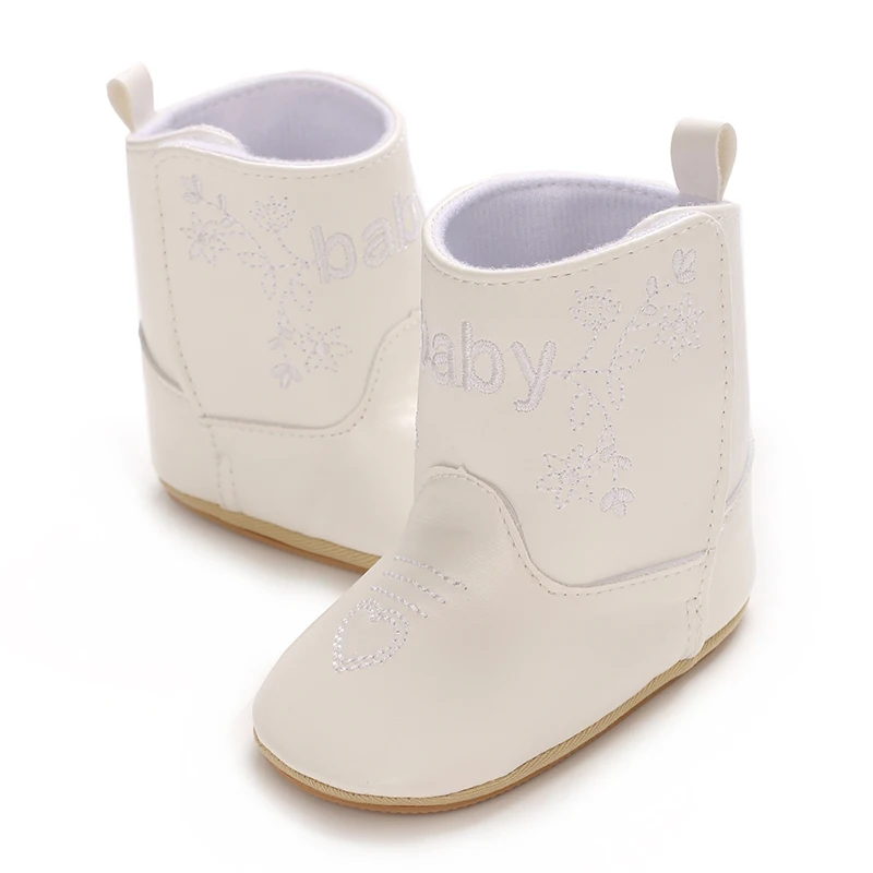 Infant Pre-Walker Shoes 0-18M Baby Cowboy Boots, Western Style Embroidered Mid-Calf Footwear for Boys Girls