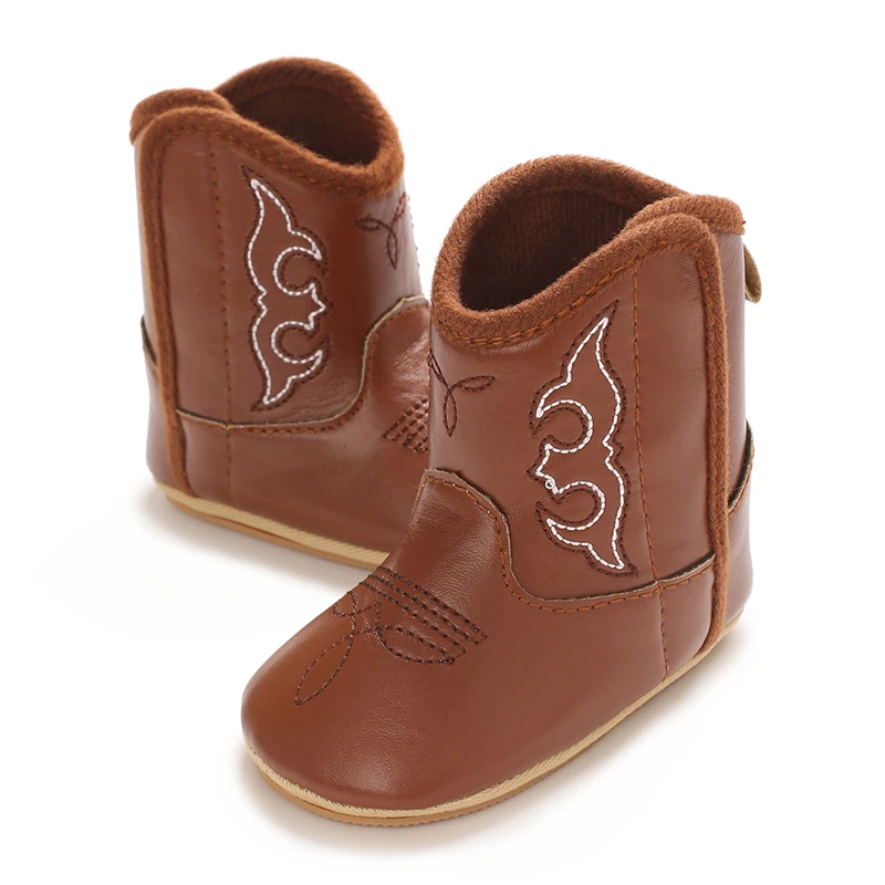 Infant Pre-Walker Shoes 0-18M Baby Cowboy Boots, Western Style Embroidered Mid-Calf Footwear for Boys Girls