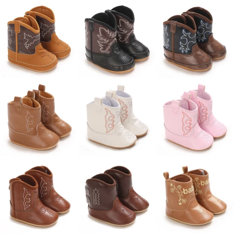 Infant Pre-Walker Shoes 0-18M Baby Cowboy Boots, Western Style Embroidered Mid-Calf Footwear for Boys Girls