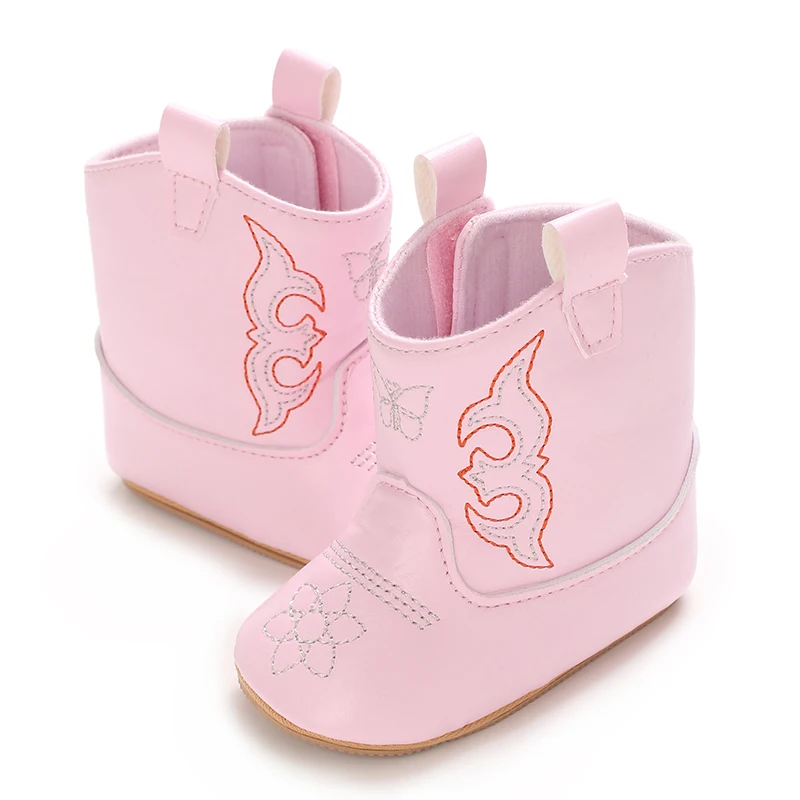 Infant Pre-Walker Shoes 0-18M Baby Cowboy Boots, Western Style Embroidered Mid-Calf Footwear for Boys Girls