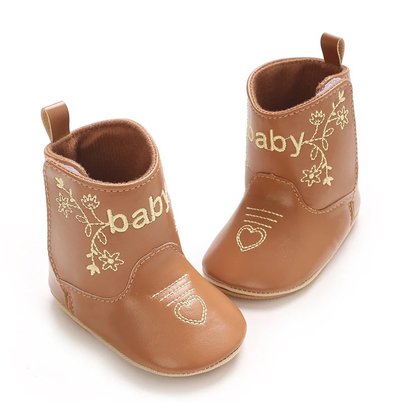 Infant Pre-Walker Shoes 0-18M Baby Cowboy Boots, Western Style Embroidered Mid-Calf Footwear for Boys Girls