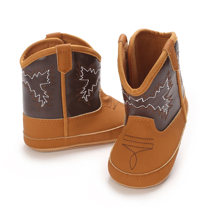 Infant Pre-Walker Shoes 0-18M Baby Cowboy Boots, Western Style Embroidered Mid-Calf Footwear for Boys Girls