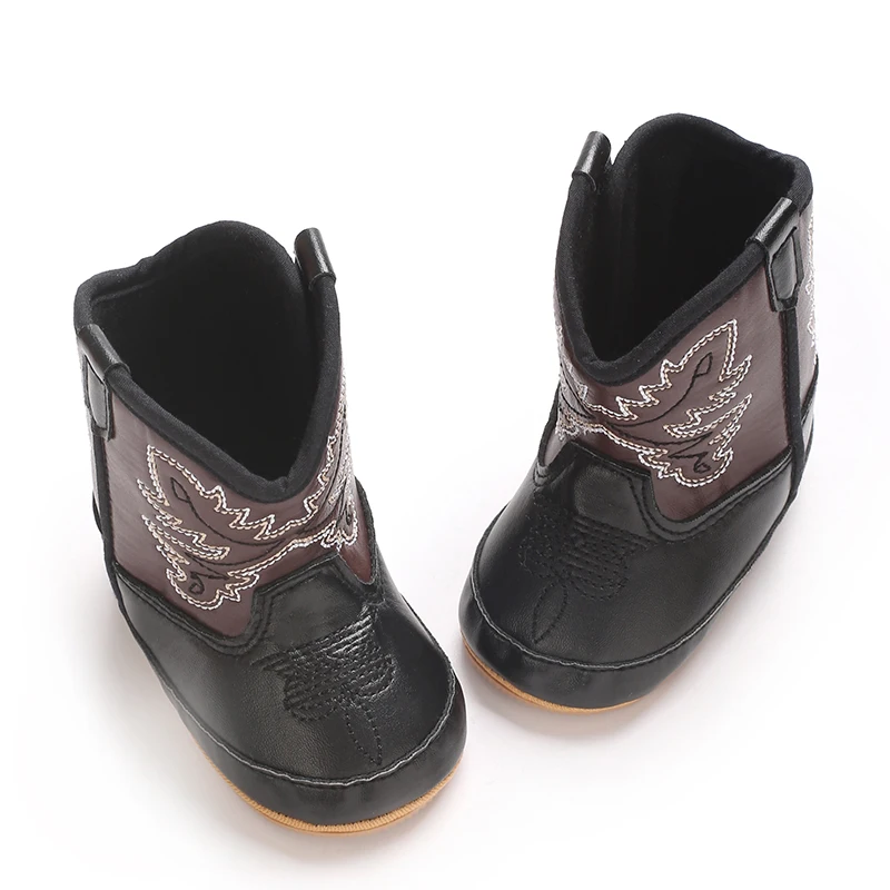 Infant Pre-Walker Shoes 0-18M Baby Cowboy Boots, Western Style Embroidered Mid-Calf Footwear for Boys Girls