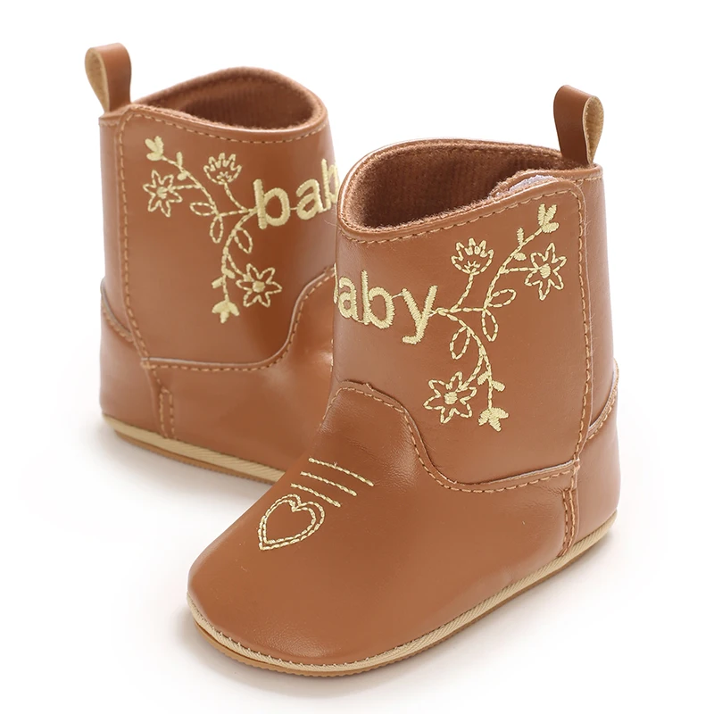 Infant Pre-Walker Shoes 0-18M Baby Cowboy Boots, Western Style Embroidered Mid-Calf Footwear for Boys Girls