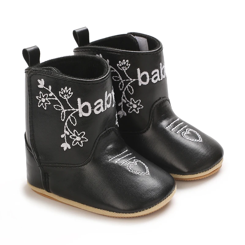 Infant Pre-Walker Shoes 0-18M Baby Cowboy Boots, Western Style Embroidered Mid-Calf Footwear for Boys Girls