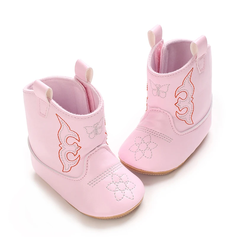 Infant Pre-Walker Shoes 0-18M Baby Cowboy Boots, Western Style Embroidered Mid-Calf Footwear for Boys Girls