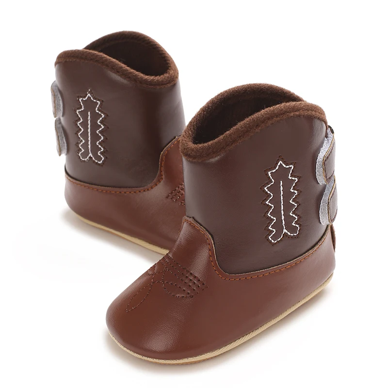 Infant Pre-Walker Shoes 0-18M Baby Cowboy Boots, Western Style Embroidered Mid-Calf Footwear for Boys Girls