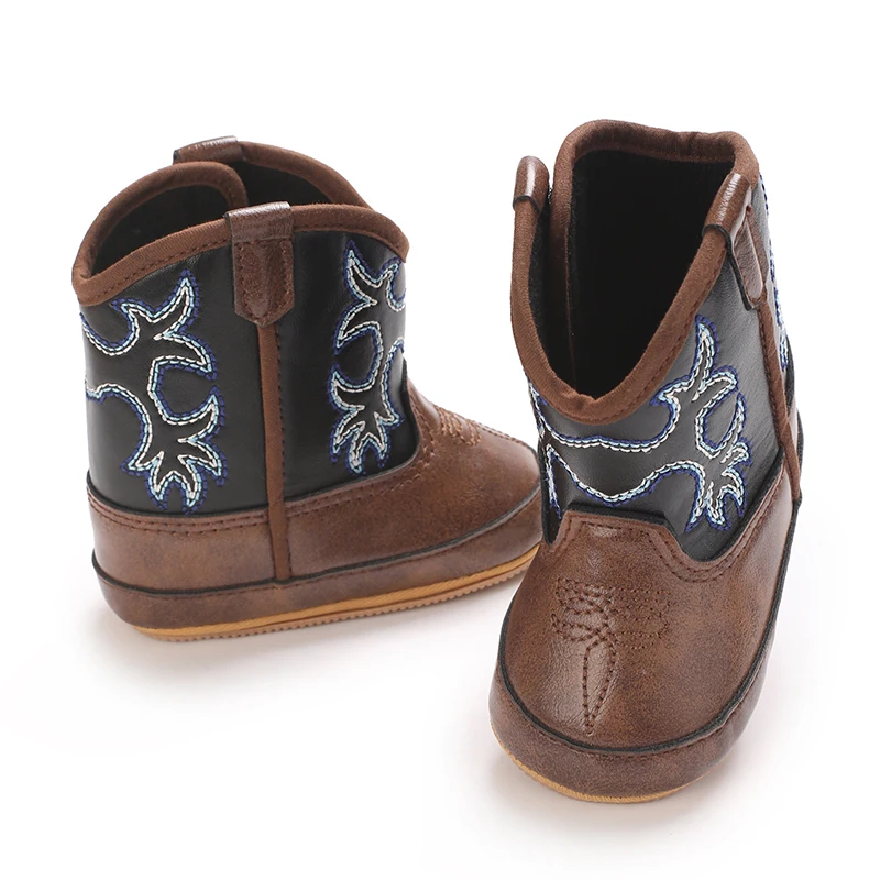 Infant Pre-Walker Shoes 0-18M Baby Cowboy Boots, Western Style Embroidered Mid-Calf Footwear for Boys Girls