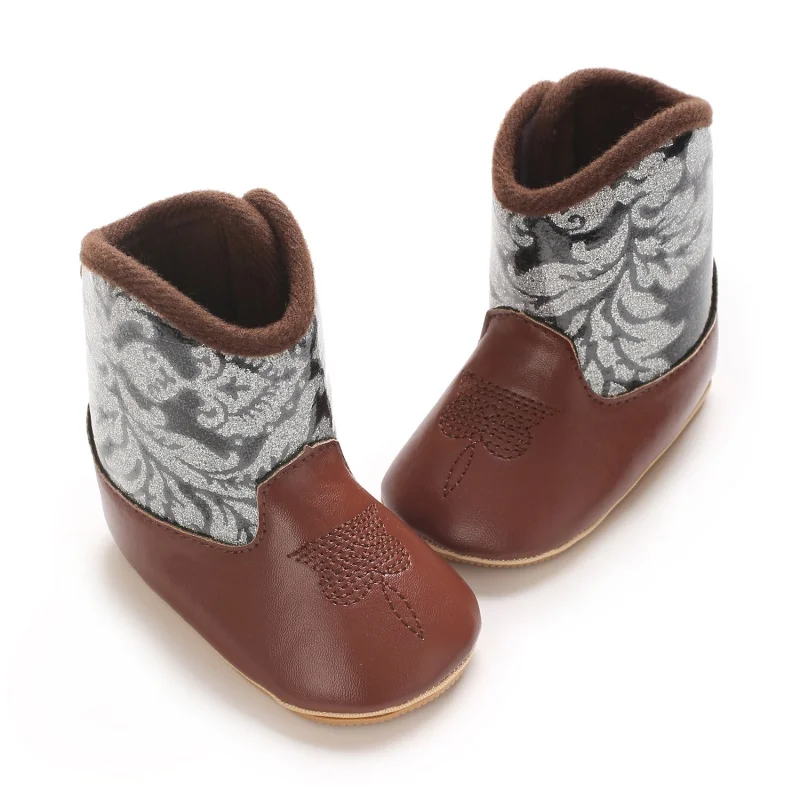 Infant Pre-Walker Shoes 0-18M Baby Cowboy Boots, Western Style Embroidered Mid-Calf Footwear for Boys Girls