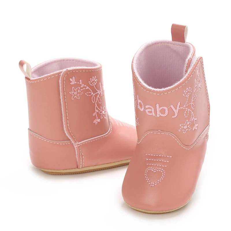 Infant Pre-Walker Shoes 0-18M Baby Cowboy Boots, Western Style Embroidered Mid-Calf Footwear for Boys Girls