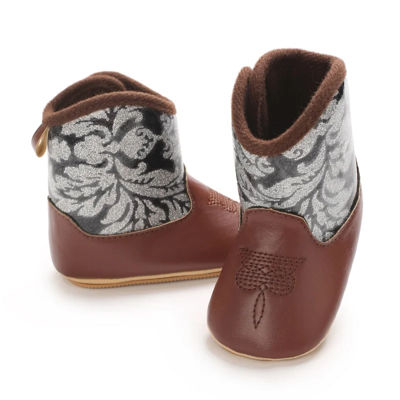 Infant Pre-Walker Shoes 0-18M Baby Cowboy Boots, Western Style Embroidered Mid-Calf Footwear for Boys Girls