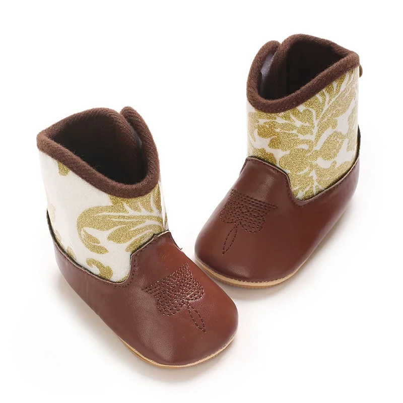 Infant Pre-Walker Shoes 0-18M Baby Cowboy Boots, Western Style Embroidered Mid-Calf Footwear for Boys Girls