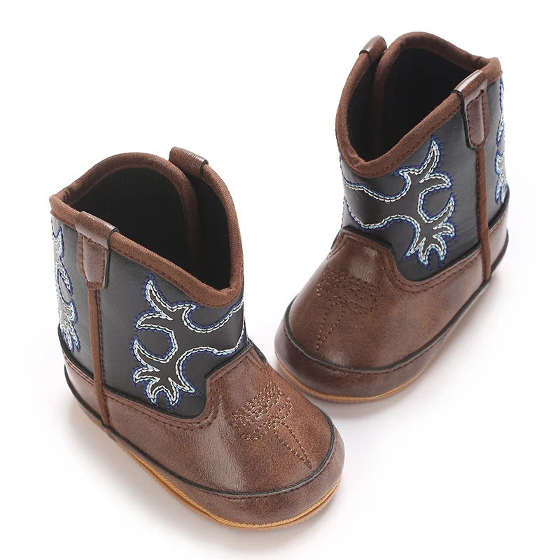 Infant Pre-Walker Shoes 0-18M Baby Cowboy Boots, Western Style Embroidered Mid-Calf Footwear for Boys Girls