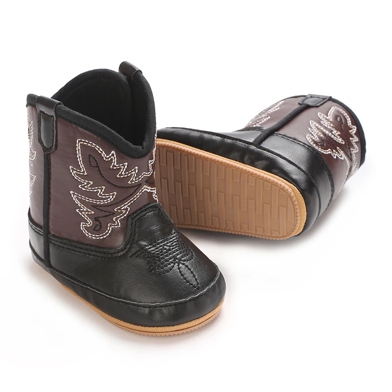 Infant Pre-Walker Shoes 0-18M Baby Cowboy Boots, Western Style Embroidered Mid-Calf Footwear for Boys Girls