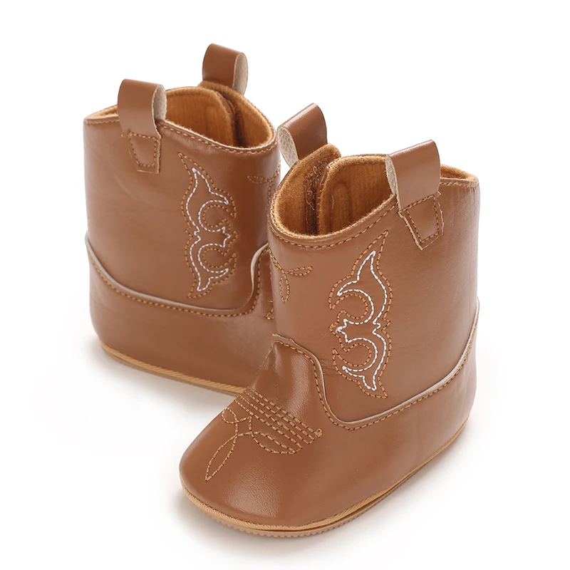 Infant Pre-Walker Shoes 0-18M Baby Cowboy Boots, Western Style Embroidered Mid-Calf Footwear for Boys Girls