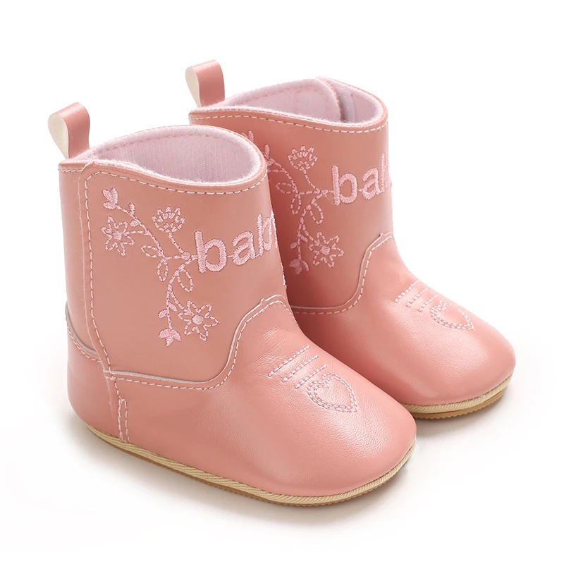 Infant Pre-Walker Shoes 0-18M Baby Cowboy Boots, Western Style Embroidered Mid-Calf Footwear for Boys Girls