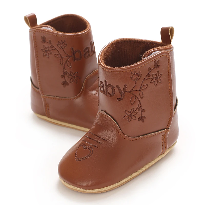 Infant Pre-Walker Shoes 0-18M Baby Cowboy Boots, Western Style Embroidered Mid-Calf Footwear for Boys Girls
