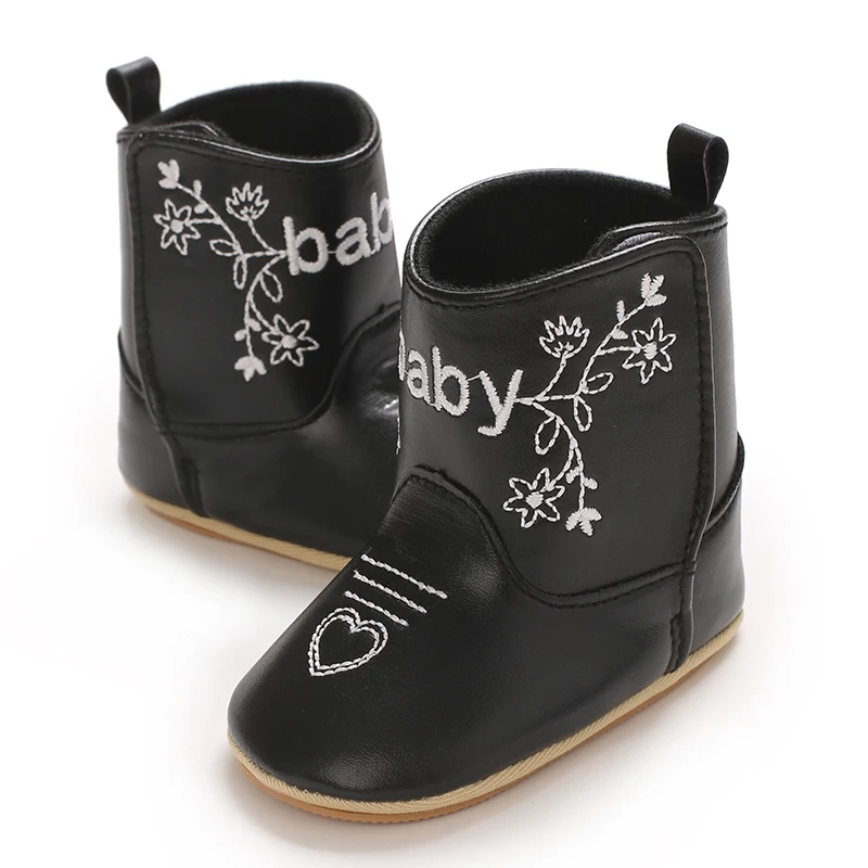 Infant Pre-Walker Shoes 0-18M Baby Cowboy Boots, Western Style Embroidered Mid-Calf Footwear for Boys Girls