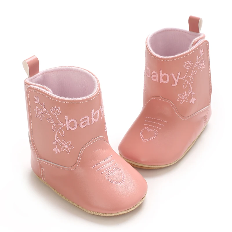 Infant Pre-Walker Shoes 0-18M Baby Cowboy Boots, Western Style Embroidered Mid-Calf Footwear for Boys Girls