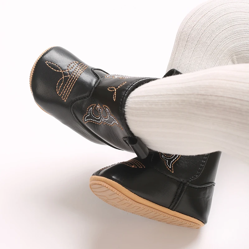 Infant Pre-Walker Shoes 0-18M Baby Cowboy Boots, Western Style Embroidered Mid-Calf Footwear for Boys Girls