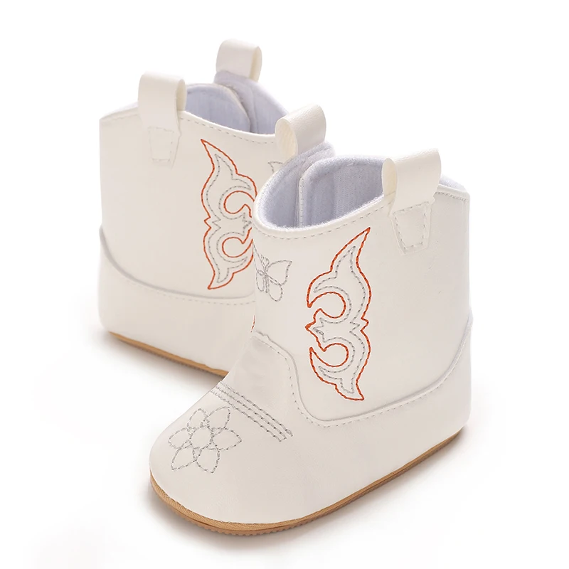 Infant Pre-Walker Shoes 0-18M Baby Cowboy Boots, Western Style Embroidered Mid-Calf Footwear for Boys Girls