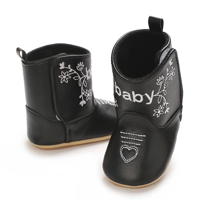 Infant Pre-Walker Shoes 0-18M Baby Cowboy Boots, Western Style Embroidered Mid-Calf Footwear for Boys Girls