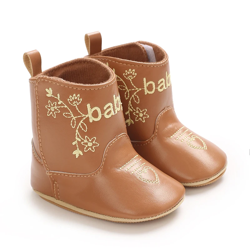 Infant Pre-Walker Shoes 0-18M Baby Cowboy Boots, Western Style Embroidered Mid-Calf Footwear for Boys Girls