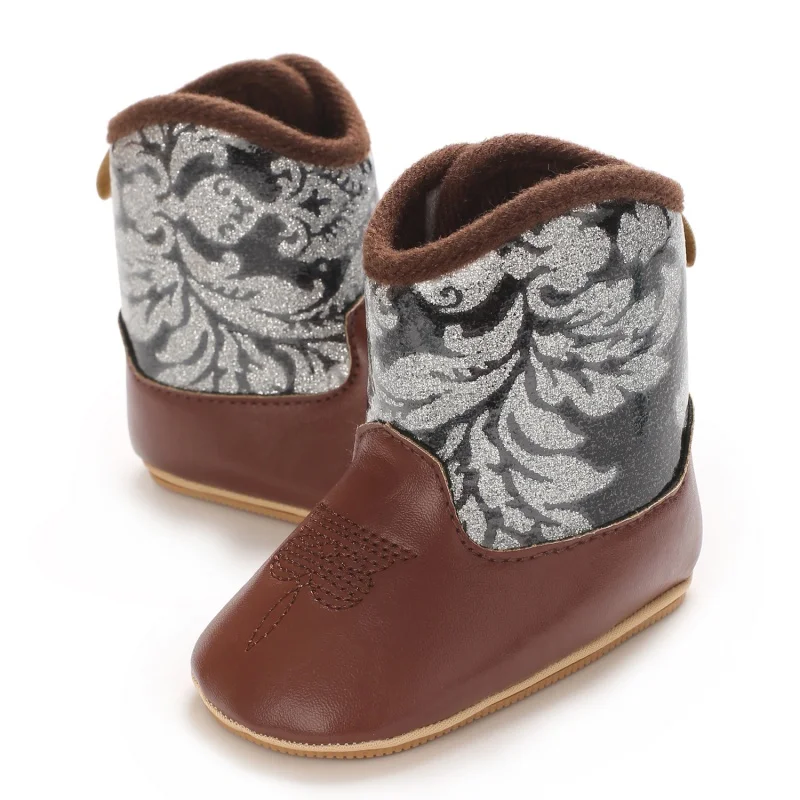 Infant Pre-Walker Shoes 0-18M Baby Cowboy Boots, Western Style Embroidered Mid-Calf Footwear for Boys Girls