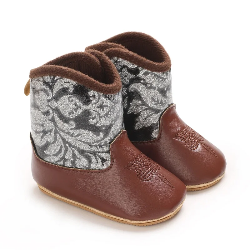 Infant Pre-Walker Shoes 0-18M Baby Cowboy Boots, Western Style Embroidered Mid-Calf Footwear for Boys Girls