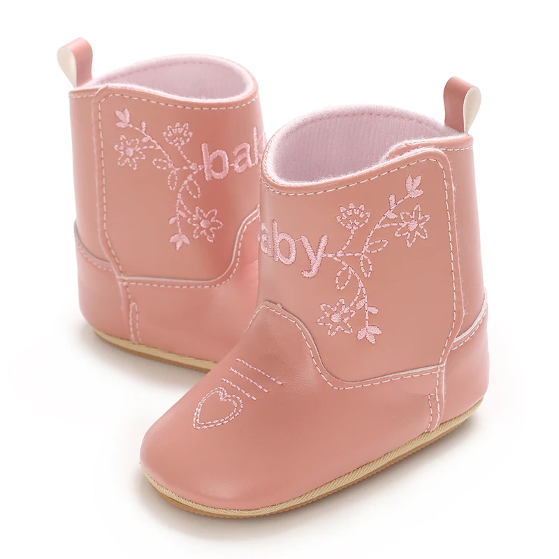 Infant Pre-Walker Shoes 0-18M Baby Cowboy Boots, Western Style Embroidered Mid-Calf Footwear for Boys Girls