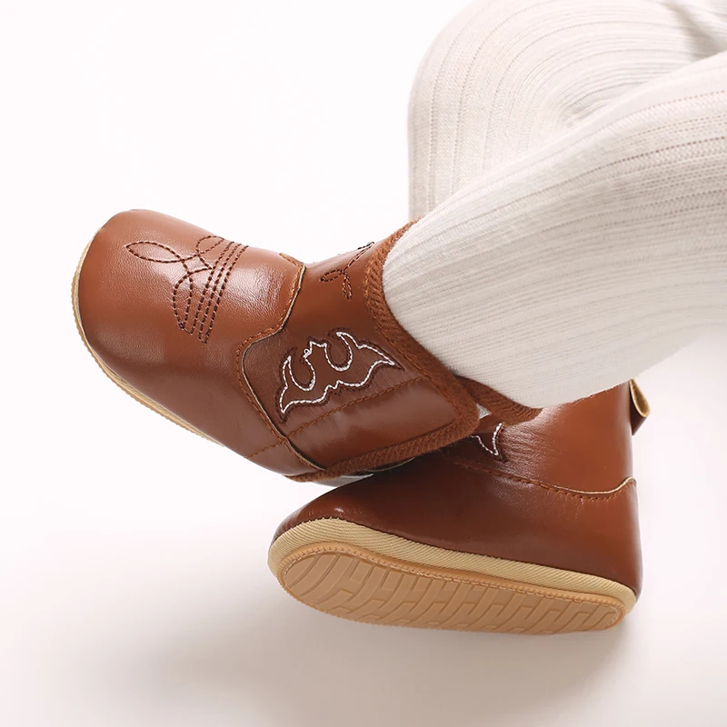 Infant Pre-Walker Shoes 0-18M Baby Cowboy Boots, Western Style Embroidered Mid-Calf Footwear for Boys Girls