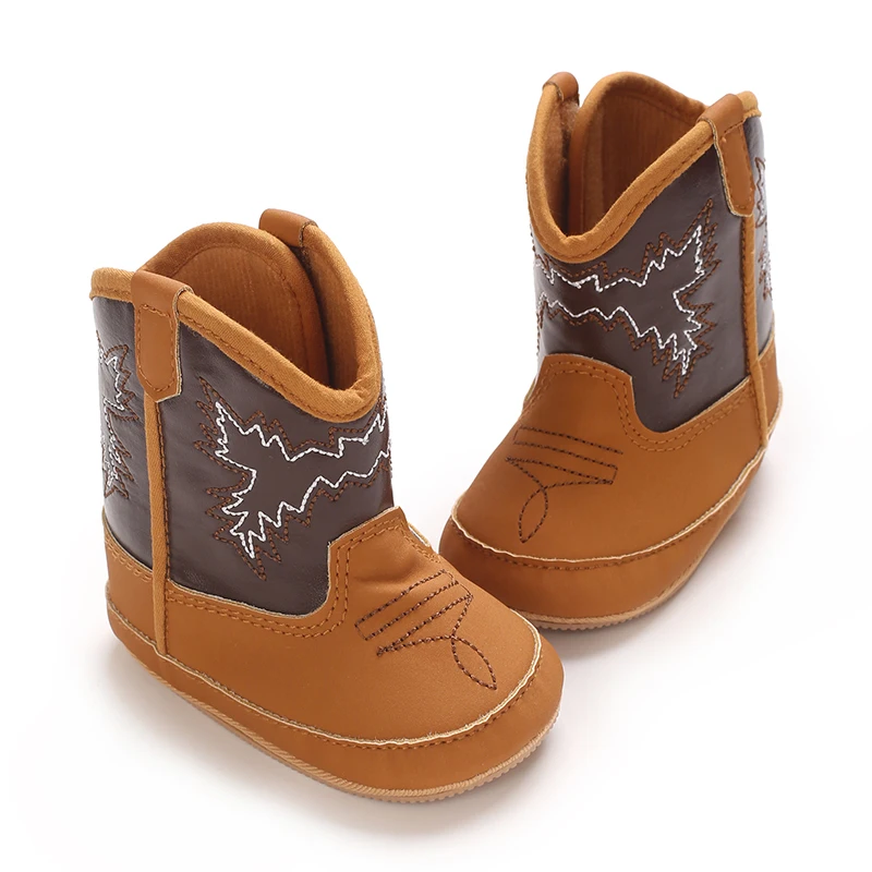Infant Pre-Walker Shoes 0-18M Baby Cowboy Boots, Western Style Embroidered Mid-Calf Footwear for Boys Girls