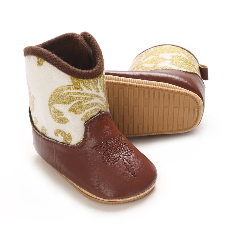 Infant Pre-Walker Shoes 0-18M Baby Cowboy Boots, Western Style Embroidered Mid-Calf Footwear for Boys Girls