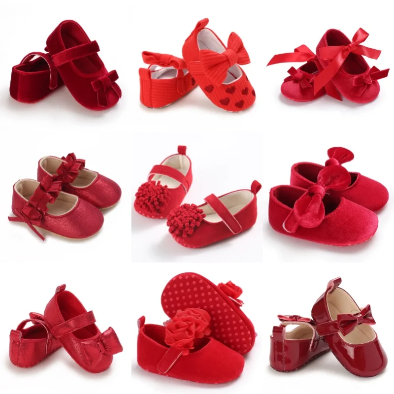 Baby Shoes Cute Baby Sweet Princess Style 0-1 Year Old Non slip Fabric Sole Newborn Red Holiday Walking Shoes 2026 New Ins Super