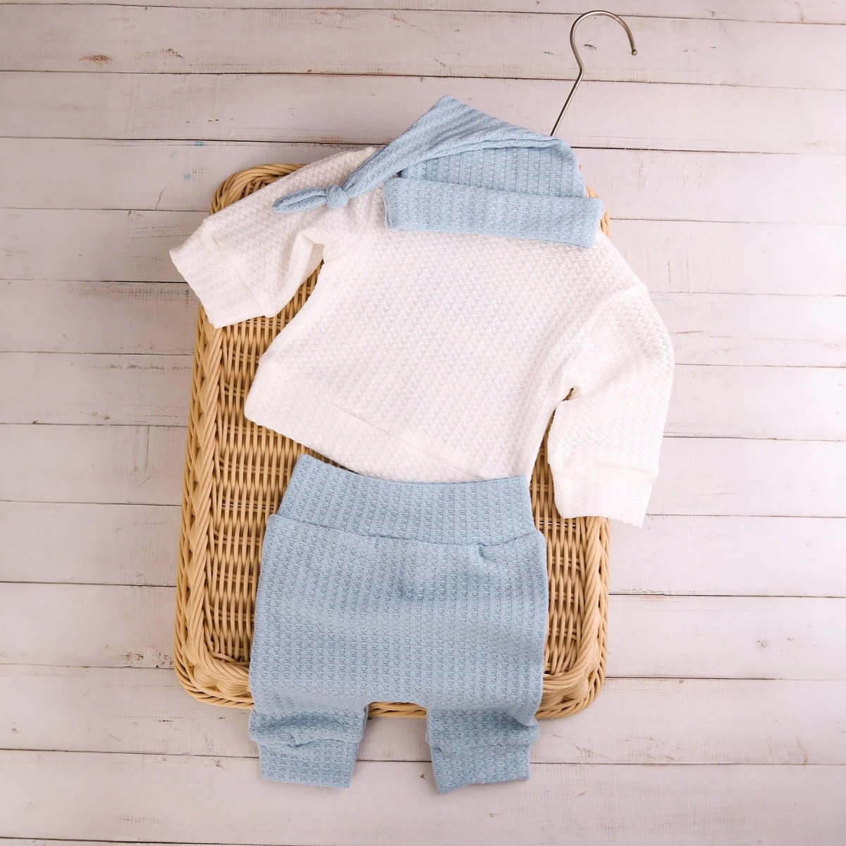 Newborn Baby 3Pcs Outfit Set ‘Hello World” Embroidery Waffle Knit Long Sleeve Top Pants Hat Infant Coming Home Clothes 0-3M