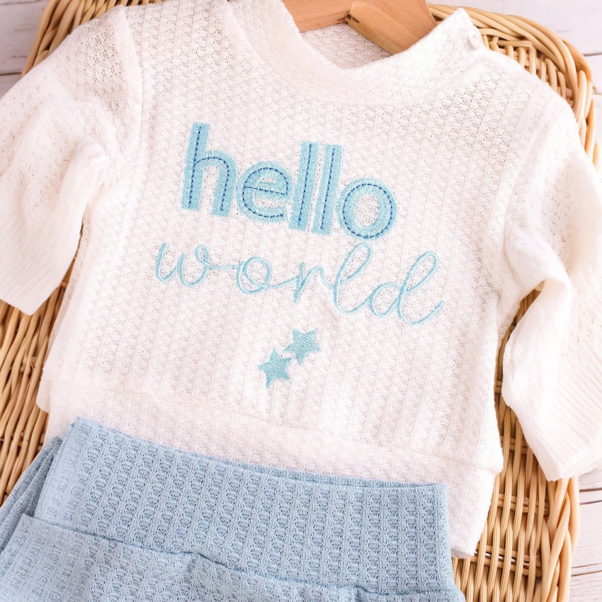 Newborn Baby 3Pcs Outfit Set ‘Hello World” Embroidery Waffle Knit Long Sleeve Top Pants Hat Infant Coming Home Clothes 0-3M