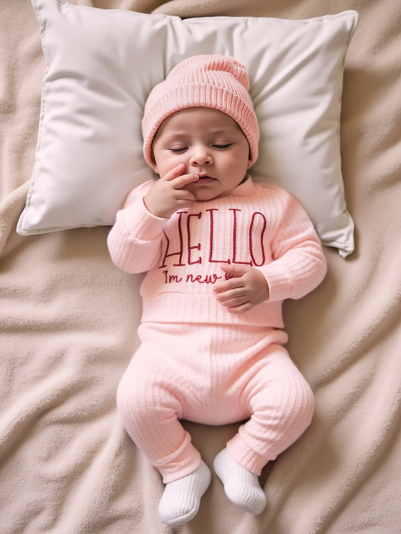 Newborn Baby 3Pcs Outfit Set ‘Hello World” Embroidery Waffle Knit Long Sleeve Top Pants Hat Infant Coming Home Clothes 0-3M
